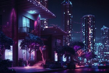 Canvas Print - decorated for the holidays, megapolis at night with holiday lights and decorations, created with generative ai