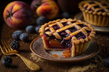 Poster - delicious plum mini pie with sugar glaze on top, created with generative ai