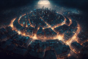 Canvas Print - view of megapolis from above, with the illuminated streets and buildings visible, created with generative ai