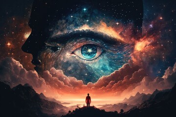 Wall Mural - mind of god, with close-up view of person's face, showing deep connection to the divine, created with generative ai