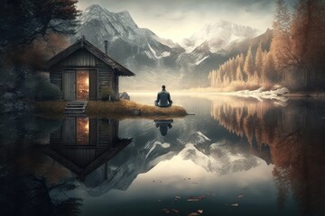 Wall Mural - person, seeking inner peace and clarity in quiet, tranquil setting, created with generative ai