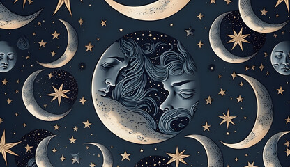 Wall Mural - the moon and stars pattern with seamless faces ,art concept  -AI Generative 
