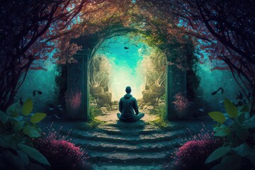 Poster - person, meditating in serene garden, with mind of god and spirituality, created with generative ai