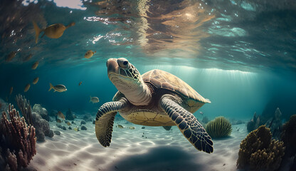 Wall Mural - green sea turtle sweaming underwater -AI Generative 
