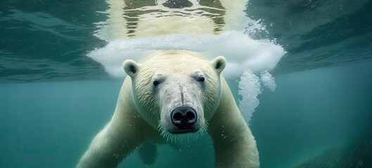 Wall Mural - a polar bear dives underwater. Generative AI