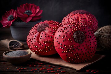 Sticker - appetizing buns with crimson crust and seeds for baking poppy seed buns, created with generative ai