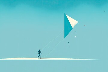 Poster - minimalist illustration with person, flying on a kite, surrounded by clear blue sky, created with generative ai