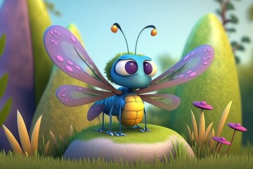 Wall Mural - Cute Cartoon Dragonfly in the Woods (Generative AI)