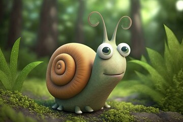 Wall Mural - Cute Cartoon Snail in the Woods (Generative AI)