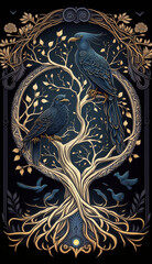 Illustration with two ravens on tree