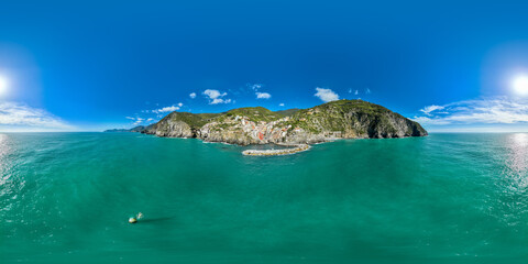 Seamless spherical HDRI aerial panorama 360 degrees for VR virtual reality of Riomaggiore colorful fishing village one of Cinque Terre Villages sequence of hill cities along the Ligurian Sea in Italy.