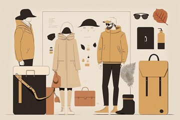 Sticker - minimalist illustration with people and their possessions, being minimalistic and showing off belongings, created with generative ai