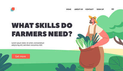 Wall Mural - Farmer Skills Landing Page Template. Female Character With Sack Overflowing With Freshly Picked Greens, Illustration