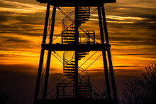 Lookout tower above the town of Hustopeče in the Czech Republic. Beautiful sunset over the almond orchards in Hustopece.