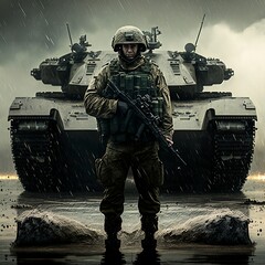 Soldier standing in front of tank in the rain 