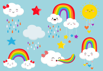 Wall Mural - vivid rainbow set with cloud,sun,star,heart illustration for sticker,postcard,birthday invitation.Editable element