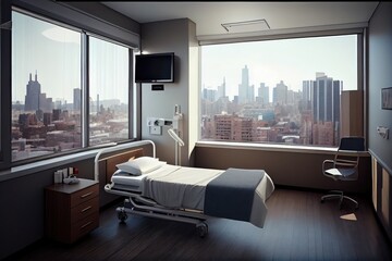 Canvas Print - modern hospital room with bed and view of city skyline, created with generative ai