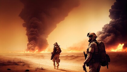 Wall Mural - Military special forces soldiers crosses destroyed warzone through fire and smoke in the desert. Generate Ai.