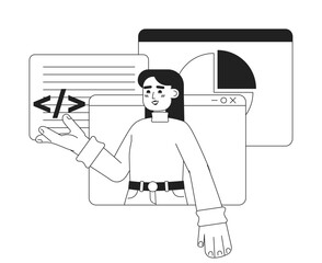 Fototapete - Web development online courses black and white concept vector spot illustration. Editable 2D flat monochrome cartoon character for web design. Creative line art idea for website, mobile, blog