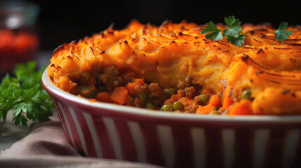 a vegan lentil shepherd's pie with mashed sweet potatoes on top - generative ai