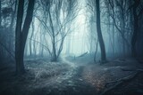 Fototapeta Las - Mystic Dark Forest at Night: Blue Filter Adds Spooky Halloween Scene to Woodland Landscape: Generative AI