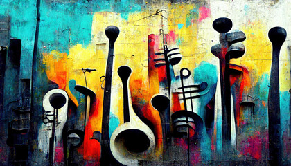 Generative AI, Street art with keys and musical instruments silhouettes. Ink colorful graffiti art on a textured paper vintage background, inspired by Banksy