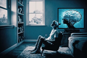 Wall Mural - person, sitting in quiet room, with brain processes visible on their forehead, created with generative ai