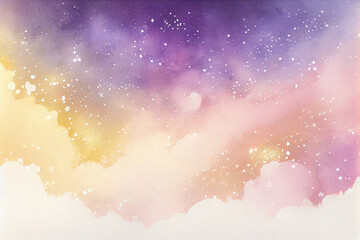 Watercolor purple and yellow sky color background with cloud and sparkling, galaxy, universe. Generative AI