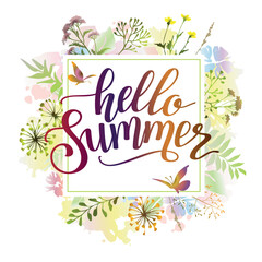 Wall Mural - Floral banner with flowers, herbs and lettering phrase Hello Summer. Floral frame.