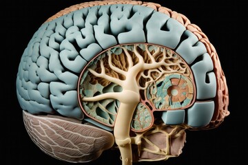 Poster - human brain, with view of the skull and skin removed, showing intricate structures and connections, created with generative ai