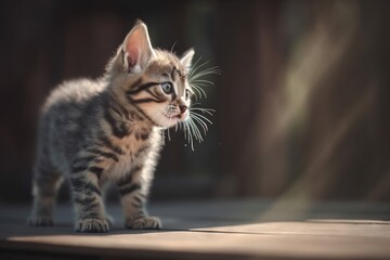  a small kitten standing on top of a wooden floor next to a wall and a light shining on the cat's face and head.  generative ai