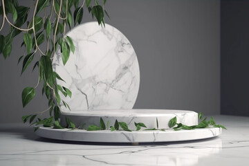 Poster - Minimal scene with marble podium and green leaves. Generative AI