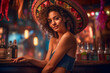Vibrant Latina Woman Enjoying Tequila in Colorful Sombrero, Smiling and Flirting. Carnival Party Atmosphere. Cinco de Mayo.  Generative AI