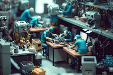 Canvas Print - androids working in busy factory, building and repairing new models, generative ai