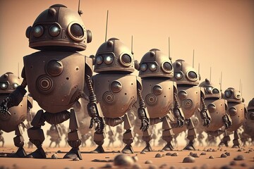 Canvas Print - robot army marching in unison on a distant planet, created with generative ai