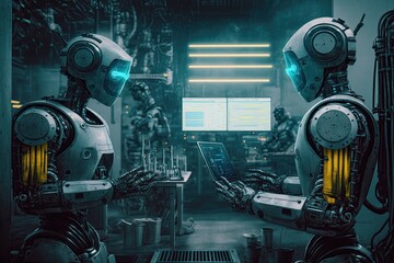 Canvas Print - androids working side-by-side with humans in a futuristic factory, created with generative ai