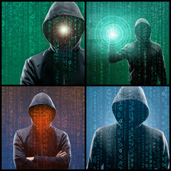 Wall Mural - Wanted Hacker is Coding Virus Ransomware Using Abstract Binary Code. Concept of Cyberattack, System Breaking and Malware. Abstract background.