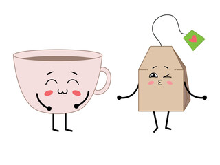 Wall Mural - Cute happy characters - cup of tea and tea bag. Best friends. Vector illustration isolated on white background