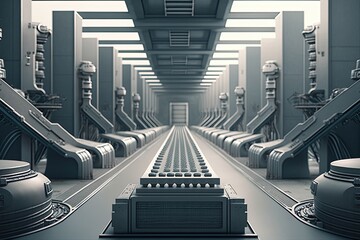 Canvas Print - mass-production of androids in futuristic factory, with conveyor belts transporting parts and products, created with generative ai