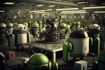 Canvas Print - android factory, with robots and machines working in sync to assemble androids, created with generative ai