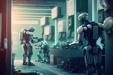 Poster - androids working in futuristic and high-tech factory, building other androids of the future, created with generative ai