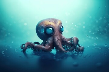 Wall Mural -  an octopus with big eyes sitting in the water with bubbles on it's back legs and eyes open, with a blue background with bubbles.  generative ai