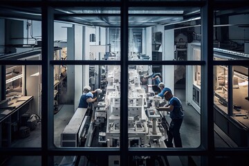 Wall Mural - factory, with workers using complex machinery to produce plastic windows in mass production, created with generative ai