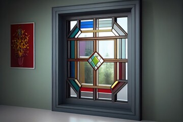 Canvas Print - luxurious double-glazed window with clear and coloured panes, created with generative ai