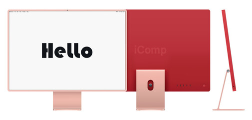 Poster - computer display pink color with blank screen front, back and side view isolated on white background. realistic and detailed mockup of monitor for system unit. vector illustration