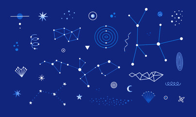 Wall Mural - Vector set of abstract space elements. Isolated constellations, stars, planets. Hand drawn celestial clip art. Astrology, astronomy. Cosmic decor for stickers, print on apparel. Blue and white colors