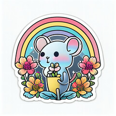 Sticker - sticker vector cute mouse holding flowers Generative AI