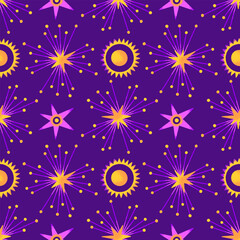 Wall Mural - Vector seamless cosmic pattern of planets and stars on dark purple background. Repeating celestial design. Abstract space. Astronomy, astrology, esotericism. Wallpaper, wrapping paper, textile