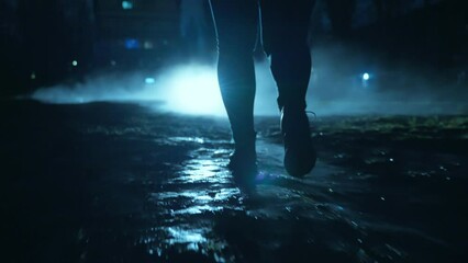 Wall Mural - a people walking in the dark through the fog and darkness after the rain