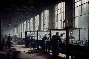 Canvas Print - glass factory, with rows of workers assembling glass for windows and doors, created with generative ai